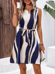 Chic sleeveless striped dress detail, slit neckline and waist belt, elegant resort fashion.