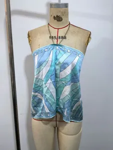Blau weisses geometrisches Halfter Top Damen Sommer sexy rueckenfreies sleeveless Oberteil