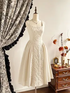 French elegant embroidered vest midi dress detail, featuring exquisite 3D floral relief texture.