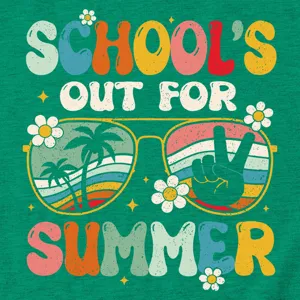 Retro grafisch t-shirt met schoolfeestmotief en kleurrijke zonnebrilprint voor de zomer.