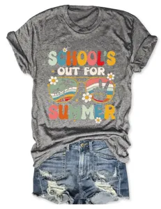 Vintage grijs graphic t-shirt met korte mouwen en zomerprint, gedetailleerd overzicht.
