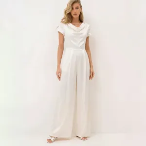 Elegant white satin cowl neck short sleeve wide leg jumpsuit for women, professional main photo view
