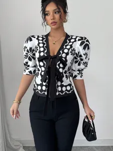 French style black and white floral puff sleeve cardigan blouse for women summer chic daily wear.