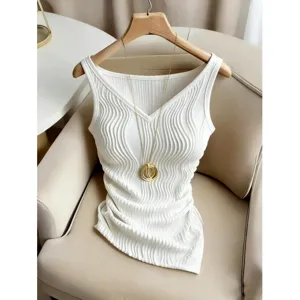 Damen Casual Weiß V-Ausschnitt Cami Tanktop Slim Fit Rippenstrick Gerafft Ärmellos Unterhemd Für Büro Alltag