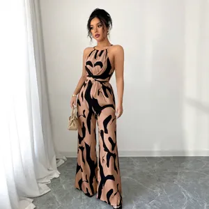 Sexy halter neck abstract print wide leg jumpsuit for women summer casual outfits