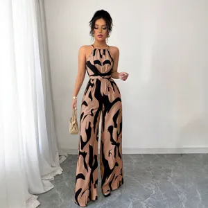 Women summer halter neck sleeveless jumpsuit with abstract milk pattern trendy chic outfit