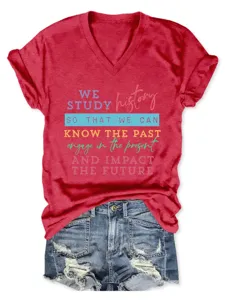 Vrouwen rood V-hals korte mouw t-shirt inspirerende slogan casual dagelijks zomer topje
