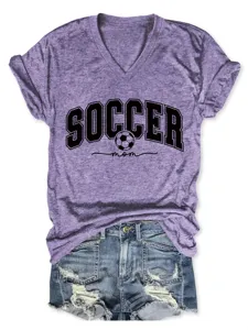 T-shirt violet à col V et manches courtes avec imprimé soccer mom, haut d'été.