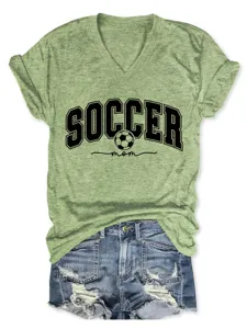 T-Shirt Femme Vert Col V Imprimé Soccer Mom Manches Courtes Haut De Sport Casual Top