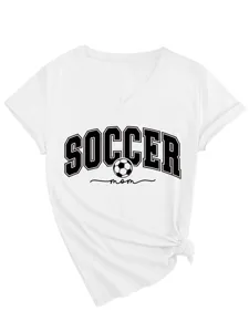 T-shirt blanc à col V et manches courtes pour femme avec nœud latéral et imprimé maman.