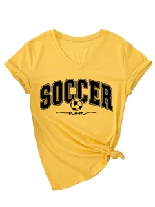 T-shirt femme col V manches courtes jaune, t-shirt graphique soccer mom avec noeud.