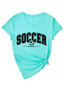 Femme Col V Manches Courtes T-Shirt Soccer Mom Graphique Top avec Ourlet Noué Chic