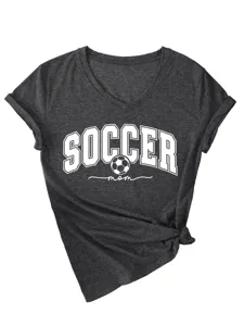 T-shirt gris foncé col V soccer mom à manches courtes avec revers et joli nœud tendance.
