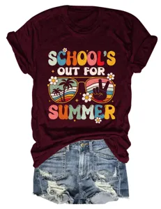 Casual dames t-shirt met korte mouwen en ronde hals met leuke retro zomergrafiek.