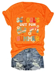 Casual dames ronde hals korte mouw t-shirt in oranje met retro zomer grafische print.