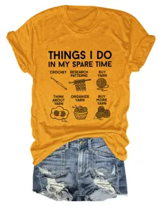 Women funny crochet yarn print short sleeve crewneck t-shirt casual summer basic top tee