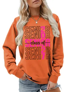 Oranger Damen Sweatshirt mit stilvollem Senior 2027 Print, lässiges Langarm Oberteil.