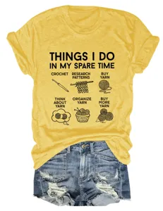 Yellow graphic t-shirt with funny yarn text, casual short sleeve summer top for women.