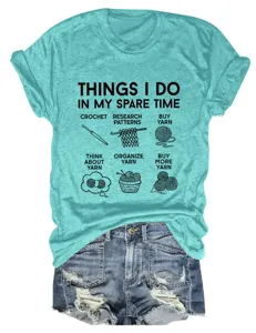 Casual women's teal short sleeve t-shirt featuring fun crochet themed graphic text print.