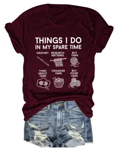Closeup detail of the burgundy graphic t-shirt featuring fun crochet hobby print design.