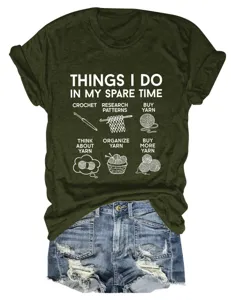 Detailed view of women's funny hobby print short sleeve t-shirt, casual round neck top.