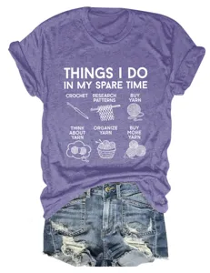 Women purple short sleeve graphic tee t-shirt crochet yarn funny hobby close up detail view