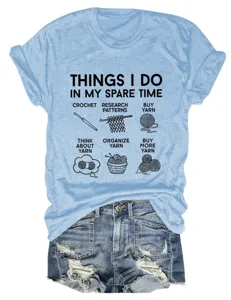 Casual women short sleeve t shirt with funny crochet yarn print design detail view.