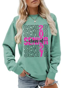Damen lässiger Langarm Rundhals Pullover mit stilvollem 2027 Abschluss Senior Print Design.