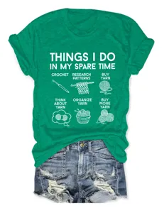 Green casual t-shirt with funny crochet hobbies graphic print and matching denim shorts set.