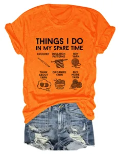 Funny yarn crafting slogan print orange round neck short sleeve t-shirt with denim shorts.