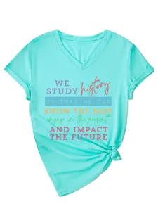 Dames casual V-hals korte mouw T-shirt met inspirerende letterprint casual zomertop