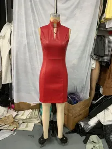 Sleek red faux leather mini dress, stand collar, sleeveless bodycon design for women.