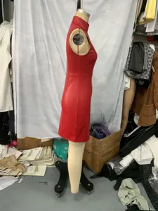 Red faux leather sleeveless mini dress, slim fit mock neck sexy bodycon party dress.