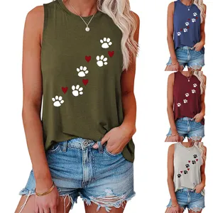 Close-up detail of women casual summer sleeveless tank top with cute paw print and heart.