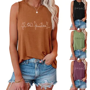 Women summer casual loose sleeveless tank top with cute line art 7 cats print style.