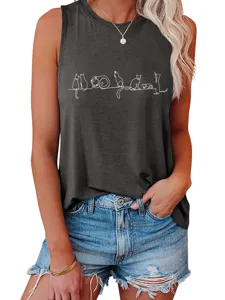 Women summer casual loose sleeveless tank top featuring cute seven cats line art print.