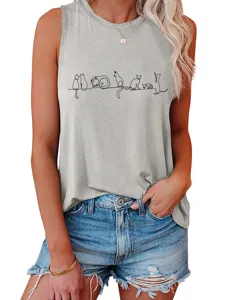 Women casual gray sleeveless tank top featuring cute line art cats print for summer wear.