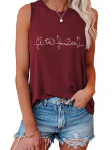 Women cute cat print sleeveless tank top, casual summer crewneck basic shirts detail.