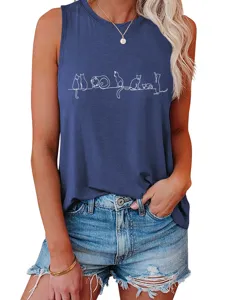 Close-up detail of women's blue sleeveless tank top featuring cute white line art cats.