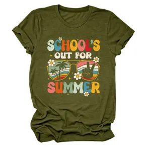 Casual olijfgroene korte mouwen dames t-shirt met school uit voor de zomer grafische print.