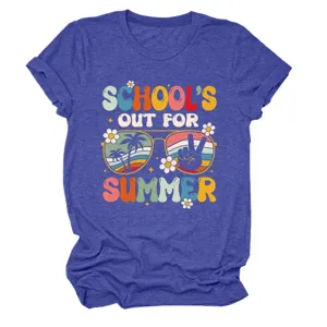 Casual dames blauw t-shirt met korte mouwen en retro zomervakantie grafische print.