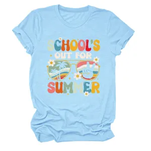 Lichtblauwe casual dames korte mouw T-shirt met retro zomer grafische print.