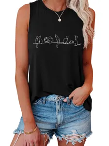 Women casual summer cute cat print sleeveless black tank top loose basic tee shirt apparel