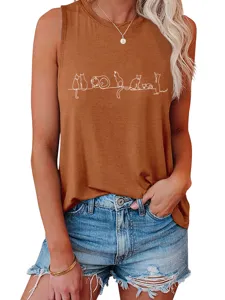 Close-up detail of the cute seven cats line art print on the stylish brown summer tank top.
