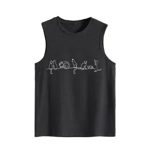 Women's summer casual loose sleeveless tank top featuring cute white cats line art design.
