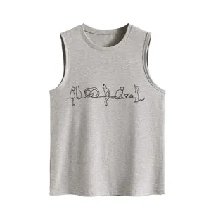 Close-up detail of women grey sleeveless tank top featuring cute minimalist cat line art print.