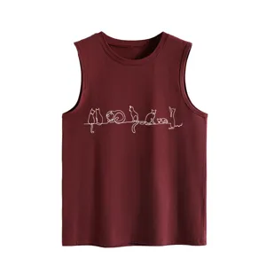 Detailed view of the maroon women's sleeveless tank top featuring charming cat line art print.