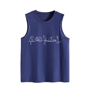 Detail view of the dark blue womens sleeveless tank top featuring cute white line cats print.