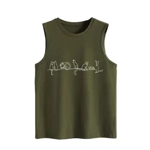 Army green women's summer casual sleeveless tank top with cute white continuous line cat print.