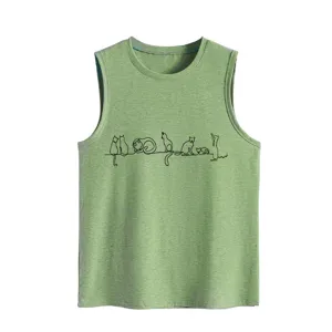 Women Summer Casual Loose Sleeveless Tank Top Cute Cat Line Art Print Green Pullover Vest